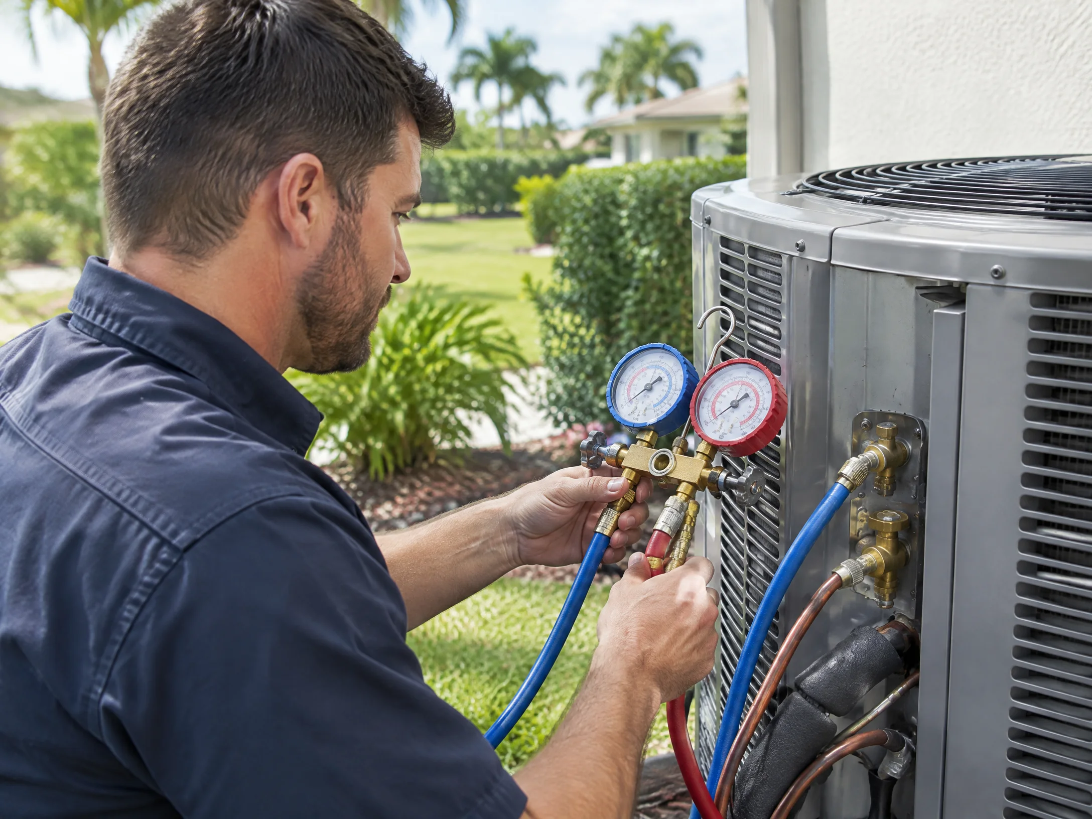 An HVAC technician performing a residential condenser diagnostic with standard manifold gauges.
