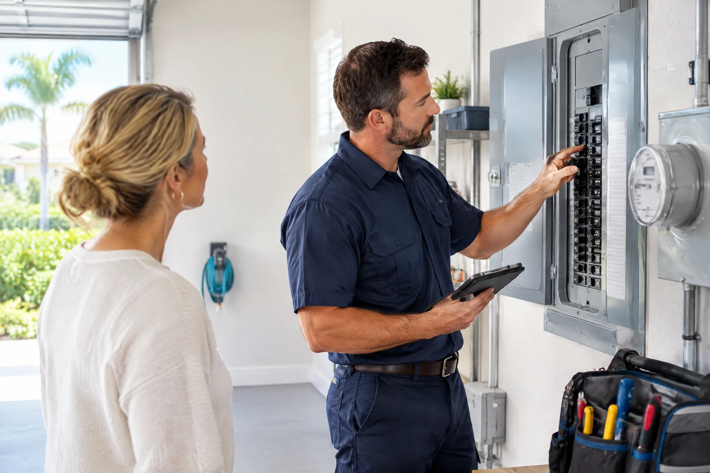 A licensed electrician reviewing a residential electrical panel with a homeowner.