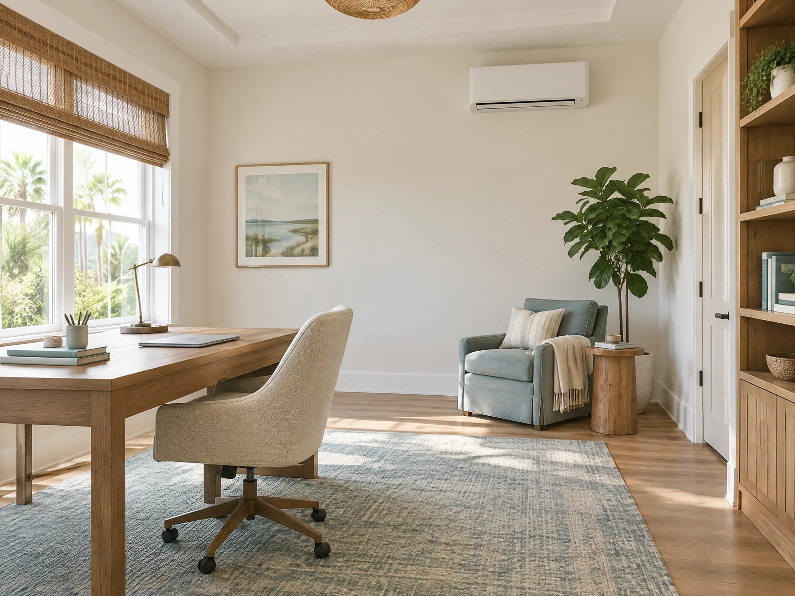 A bright home office with a wall-mounted mini-split indoor unit.